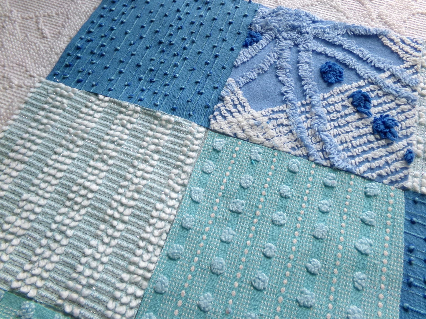 mermaid kisses chenille fabric squares, set of 17 vintage blue & aqua 6" craft blocks, chic designs for quilt inlays, pillows, fiber arts