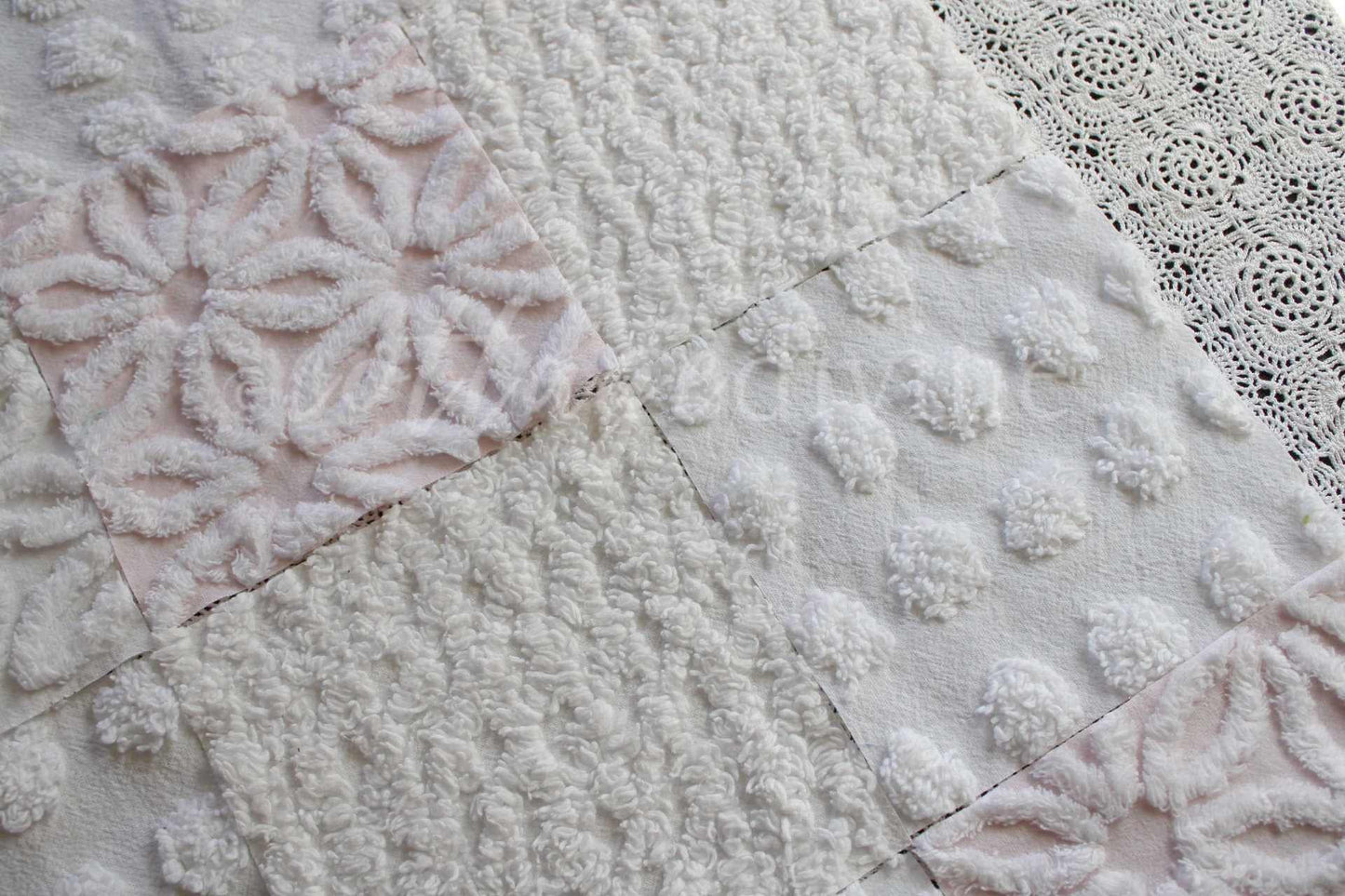 Baby's Breath Chenille Fabric Squares Set in White & Pink, Cut from Vintage Chenille Bedspread Material, 16 Blocks, 6" x 6" inch each