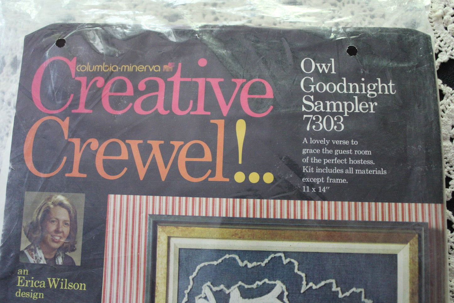 OWL GOODNIGHT Sampler ~ 1973 Erica Wilson Design, Vintage Columbia Minerva Creative CREWEL Embroidery Kit # 7303 ~ Cute Poem