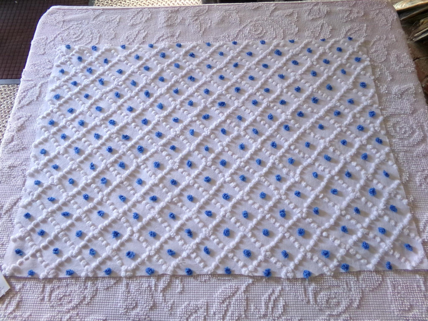 blueberry & white snowdrop pops chenille fabric, 18" x 26" inch piece of vintage sewing material for quilting, crafts