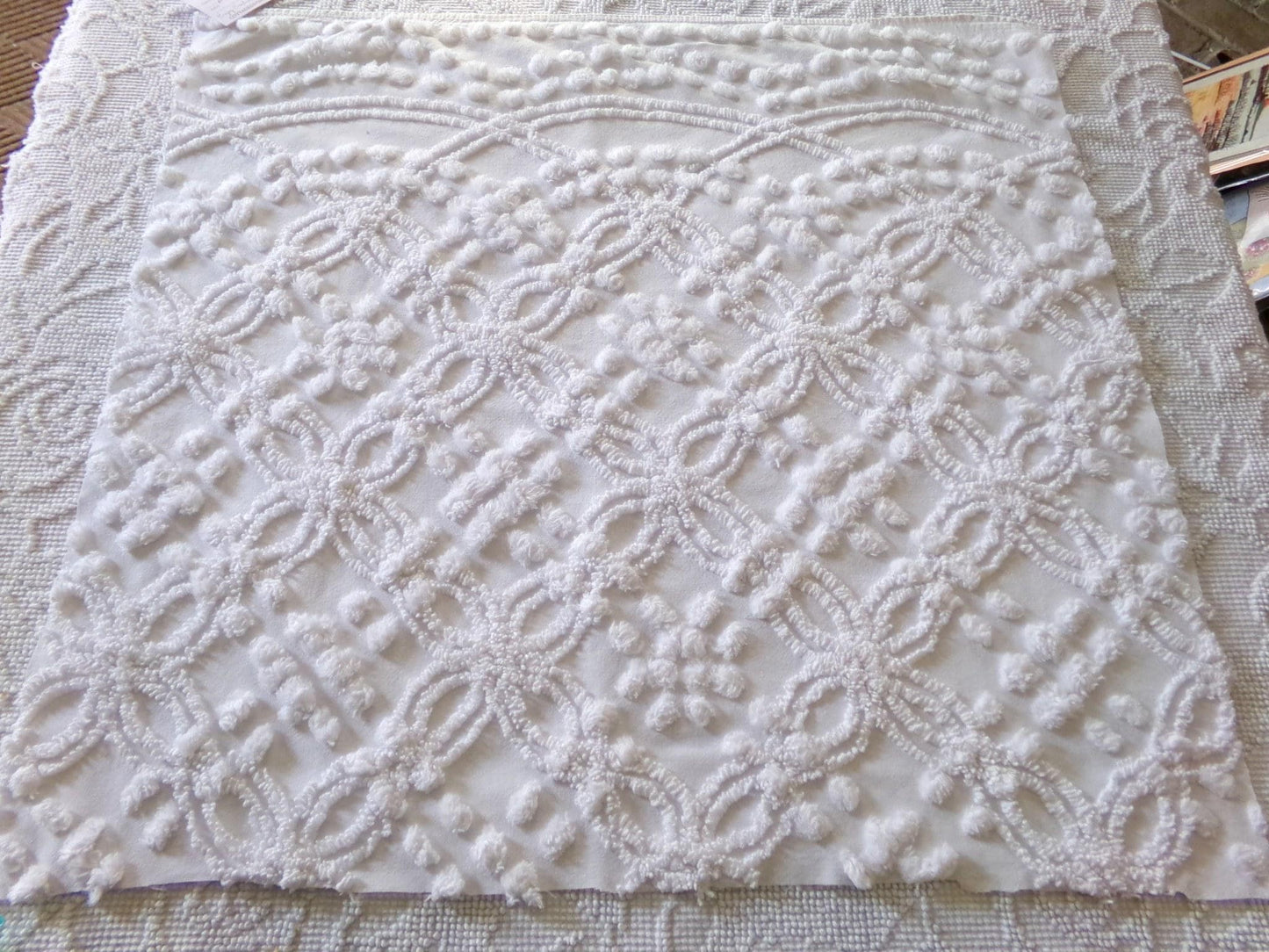 classic white vintage chenille fabric, versatile sewing material for quilting and crafts, 23" x 25" inch piece with wedding rings & pops