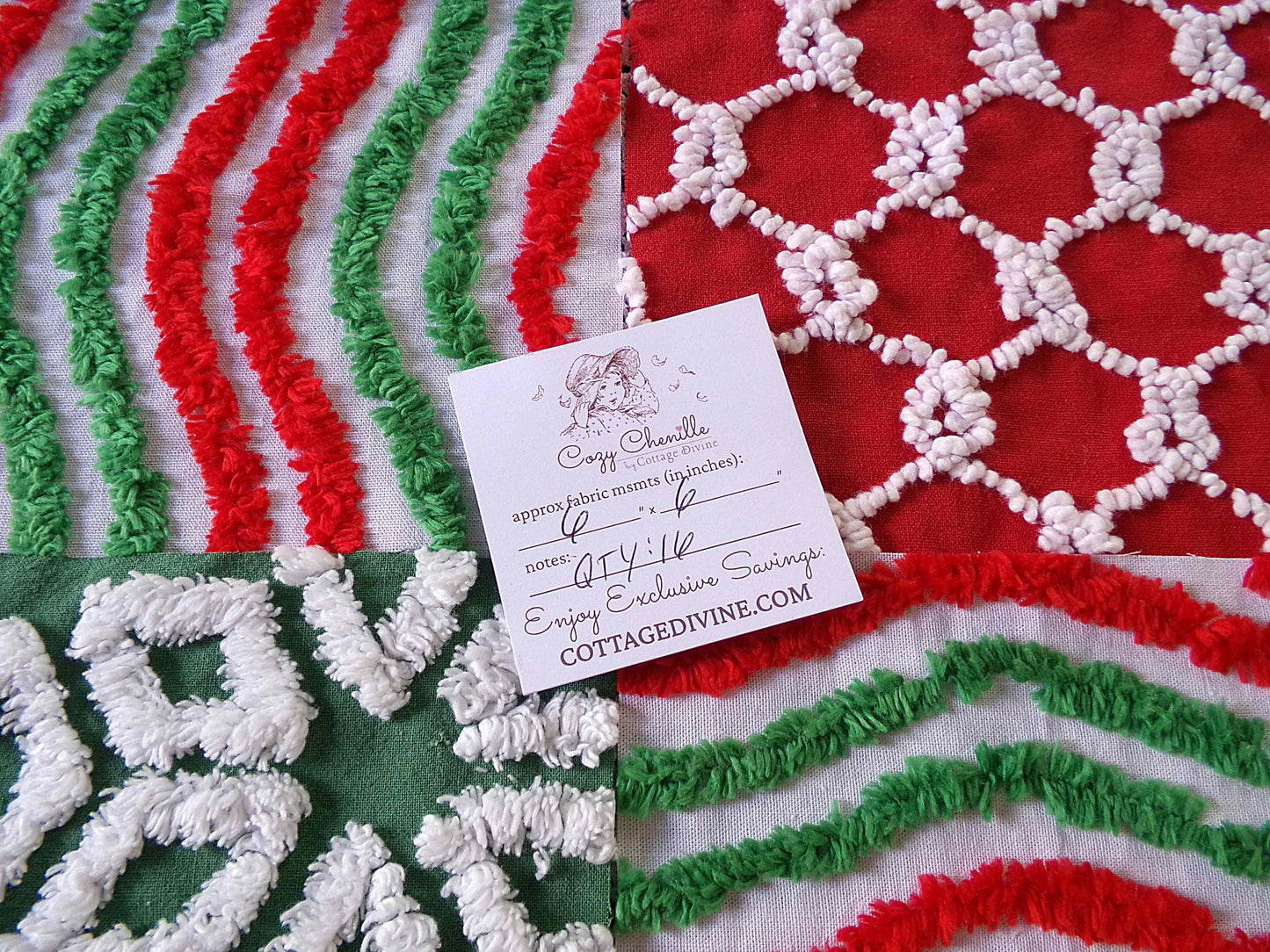 Christmas chenille fabric squares, red, white & green, 16 vintage quilt blocks 6" x 6" inch, for xmas stockings, pillows, quilting, crafts