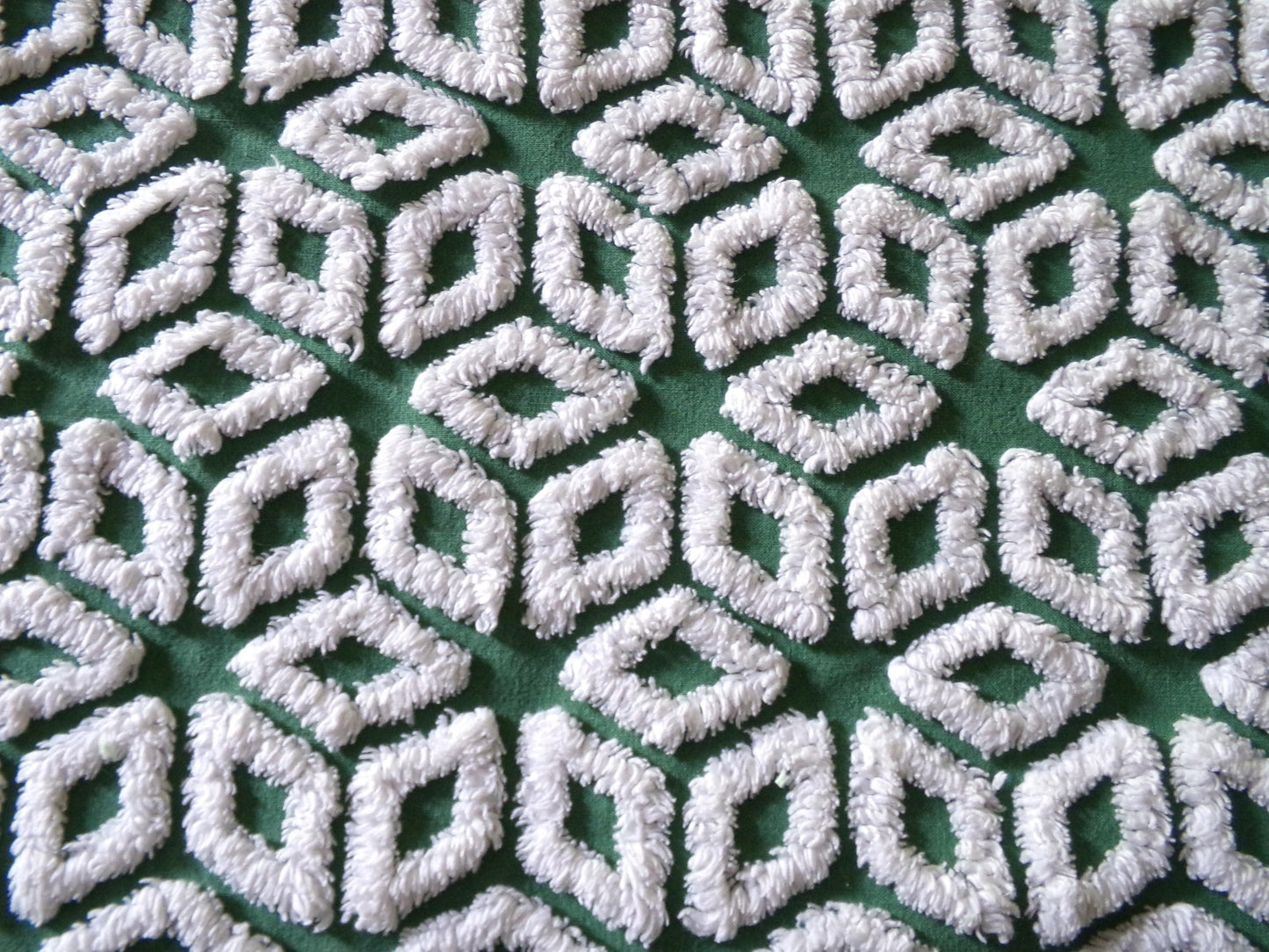 Forest Green Snowflakes Vintage Chenille Material, 18" x 25" inch Fabric Piece, 100% Cotton, Geometric Wedge White Snowflake Design