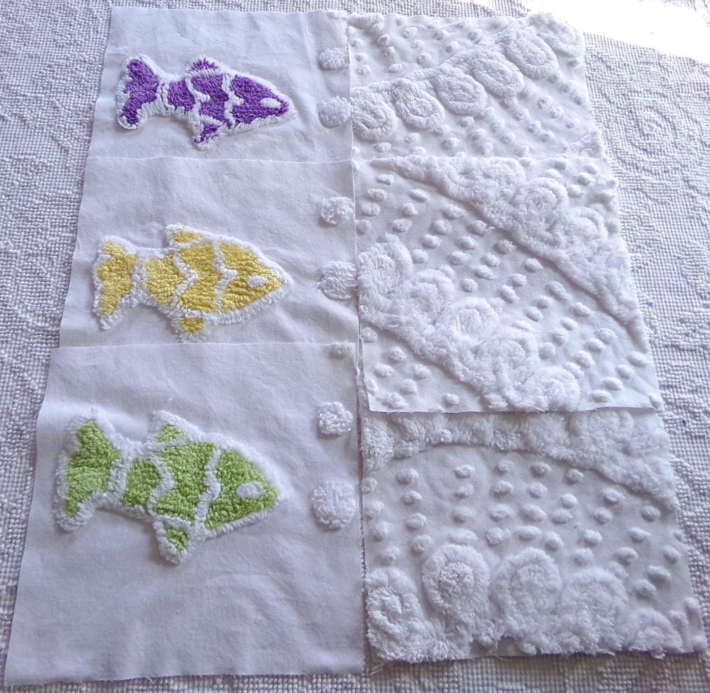 school of fish chenille fabric squares, set of 6 large 9.5" square quilt blocks, fun fishies & plush white swirl dots