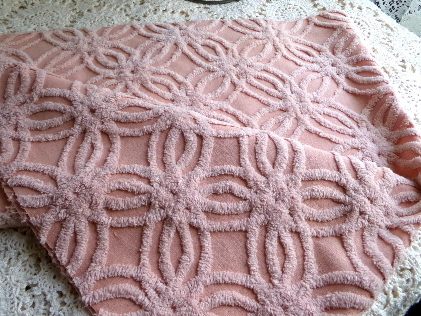 vintage chenille fabric, warm clay mauve geometric wedding ring design, 17" x 28" inch piece for sewing & crafts