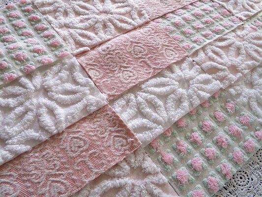 Pink Mix Vintage Woven & Chenille Fabric Squares, Daisy, Rosebud, Hearts Quilt Square Set, 16 Blocks 6" x 6" inch for Pillows, Doll Blankets