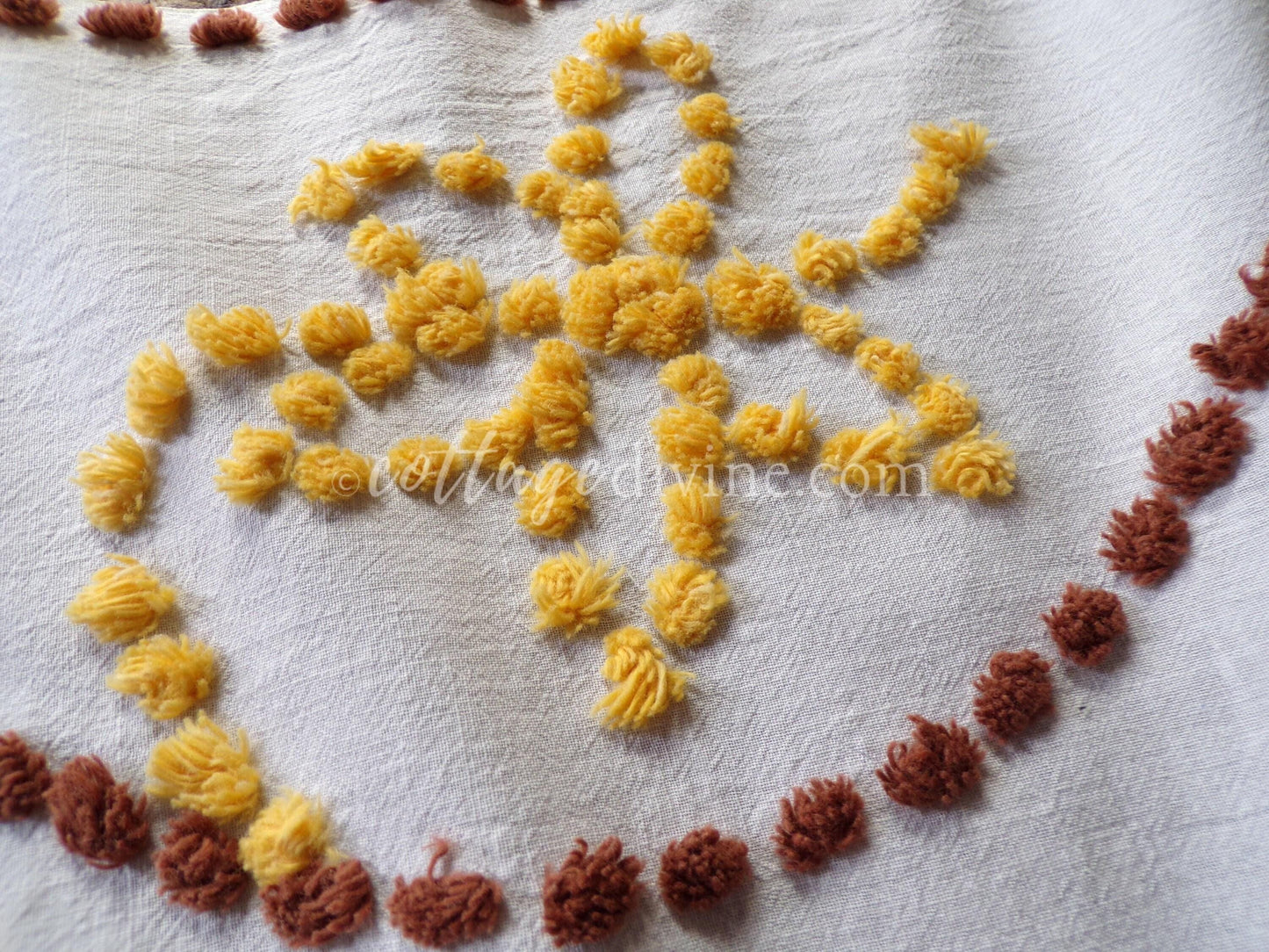 boho sunflower vintage chenille fabric, autumn gold & brown geometric florals on 100% cotton 22" x 28" cut piece