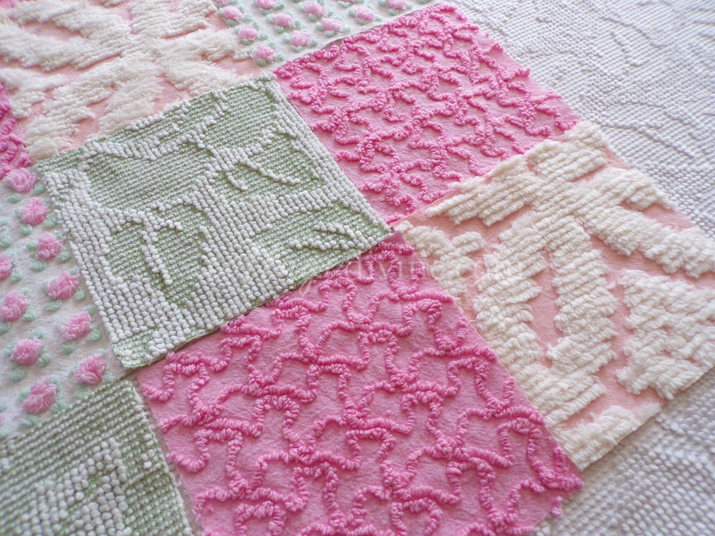 Spring Medley Vintage Quilt Squares Set from Chenille Bedspread Fabrics, 6" Blocks, Qty 16