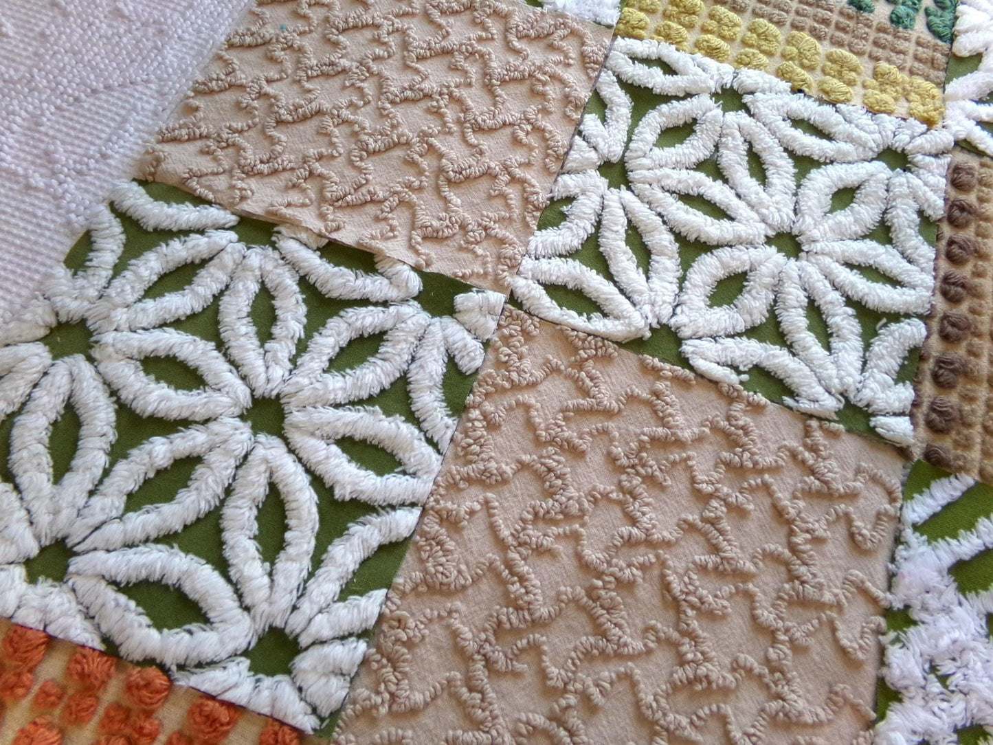 boho babe vintage chenille fabric squares, set of 16 earthtone olive, mocha, white quilt blocks 6" ea, for fiber arts, sewing, quilting
