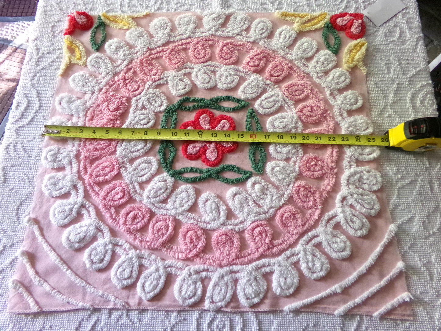 pink & white frosted cake chenille fabric, vintage 1950s sewing material for quilting and crafts, 24" x 23" inch piece with single rose