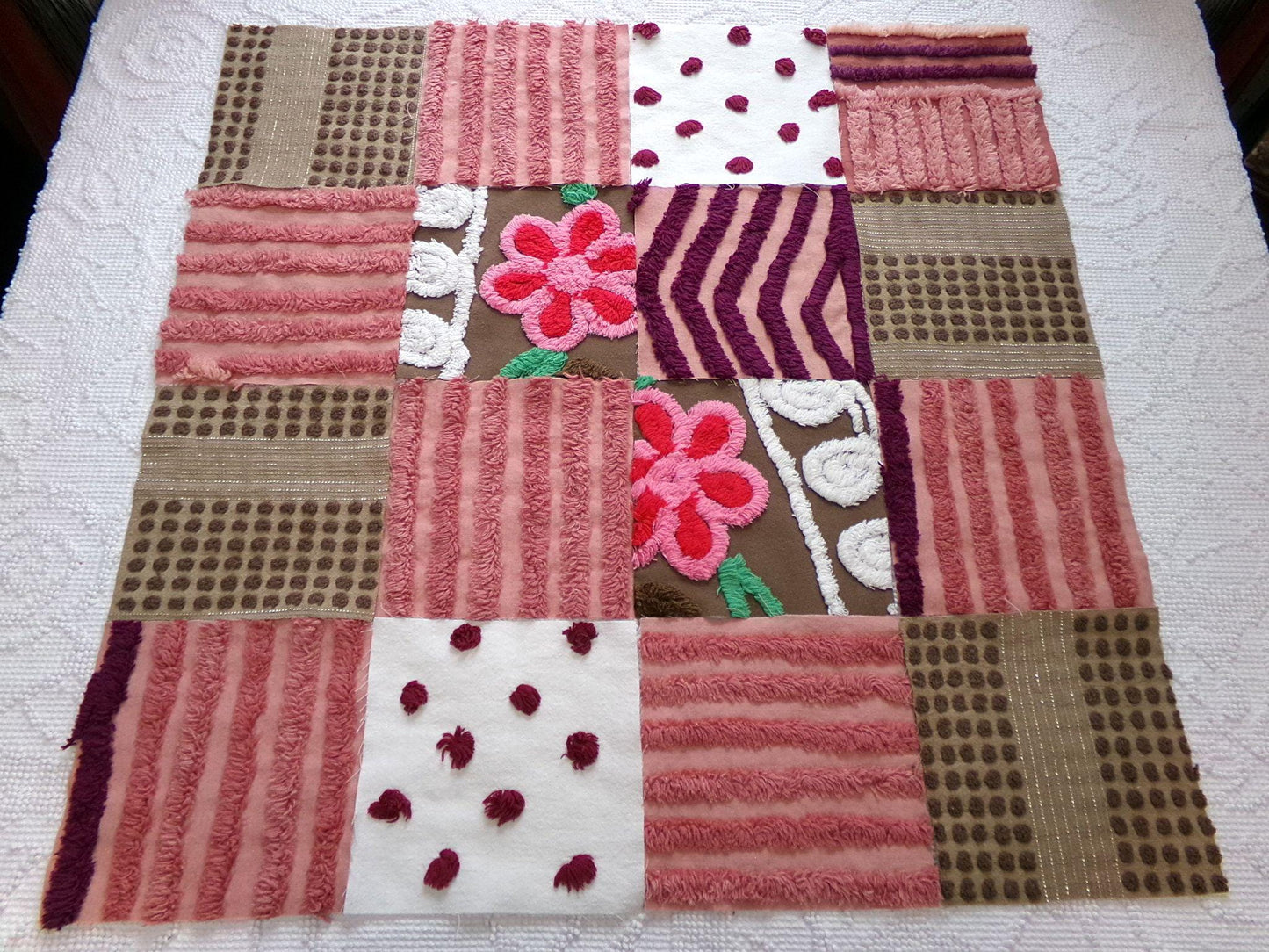 chocolate cake vintage chenille fabric squares, set of 16 yummy 6" craft blocks in brown & mauve pink for quilt inlays, pillows, fiber arts