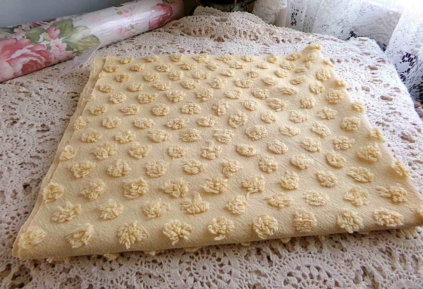 puffy gold pops vintage chenille fabric, boho style sewing material for handmade chenille quilts & crafts, 20" x 24" piece