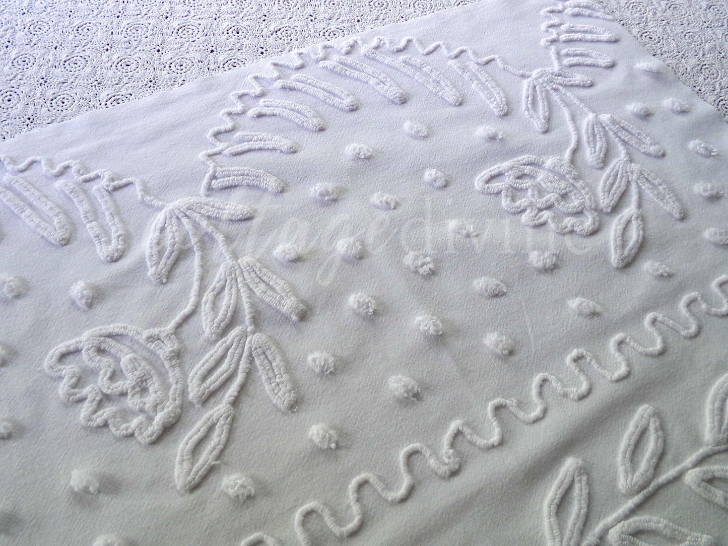 Lily White Dot Vintage Chenille Fabric Piece, 19" x 27" inches, Beautiful Farmhouse Style