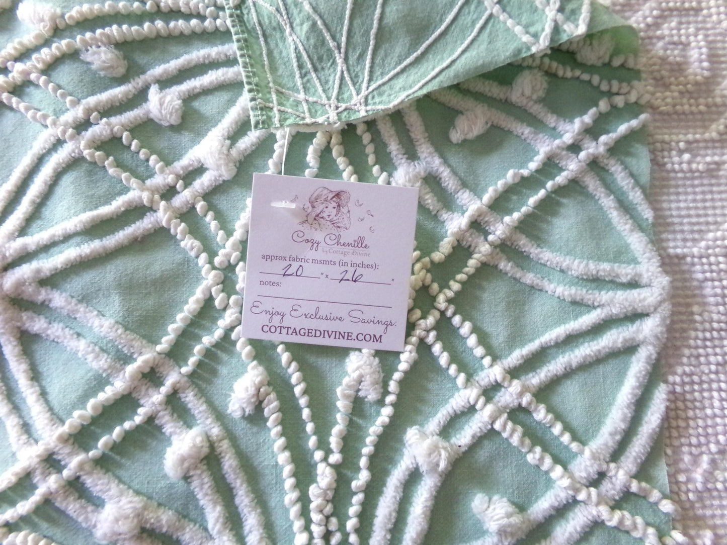 chic jade green vintage chenille fabric, white spider web design, 20" x 26" inch piece for quilting material & sewing