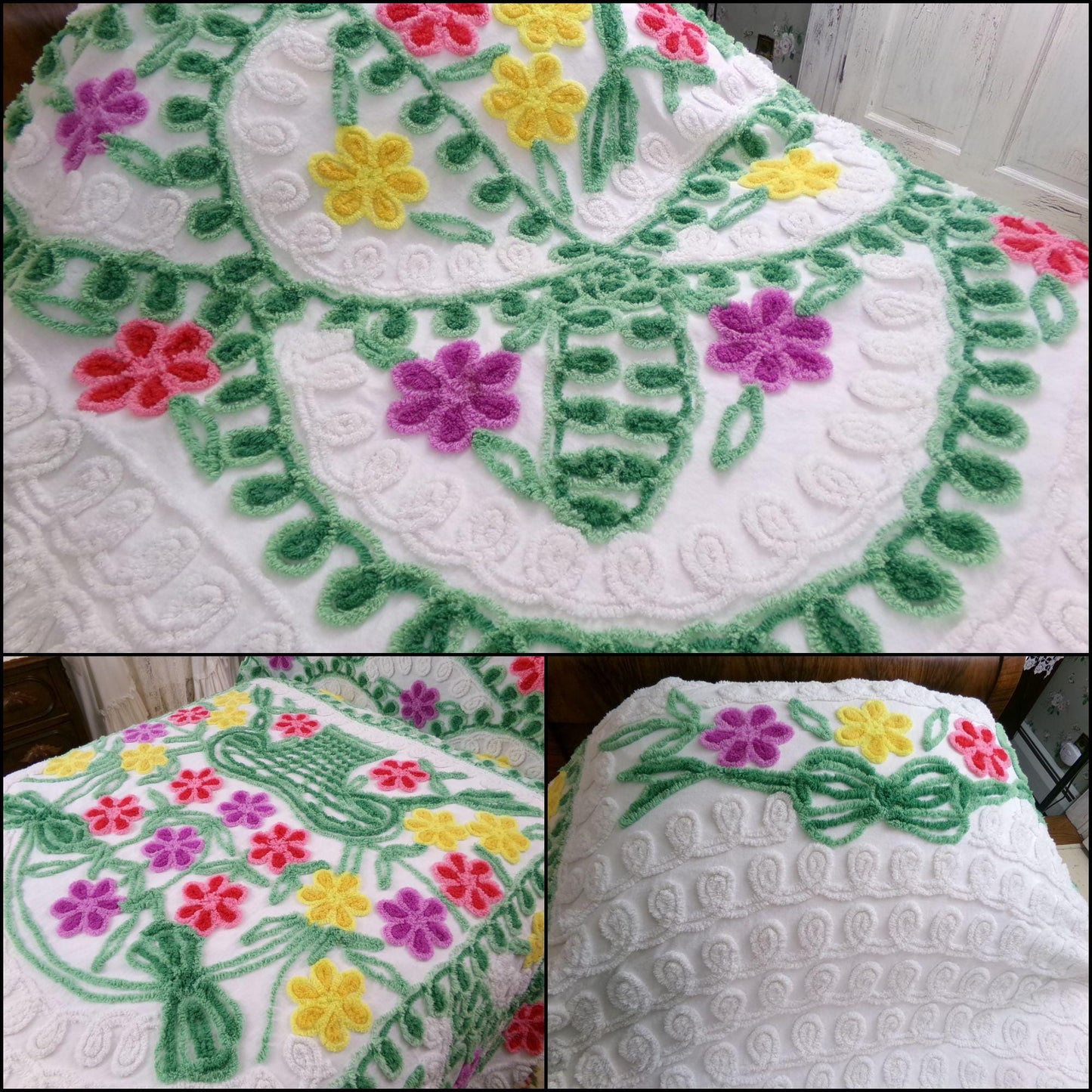 vintage green & white chenille bedspread, tumbling flowers in a big basket, midcentury cottage full size summer cotton bedding