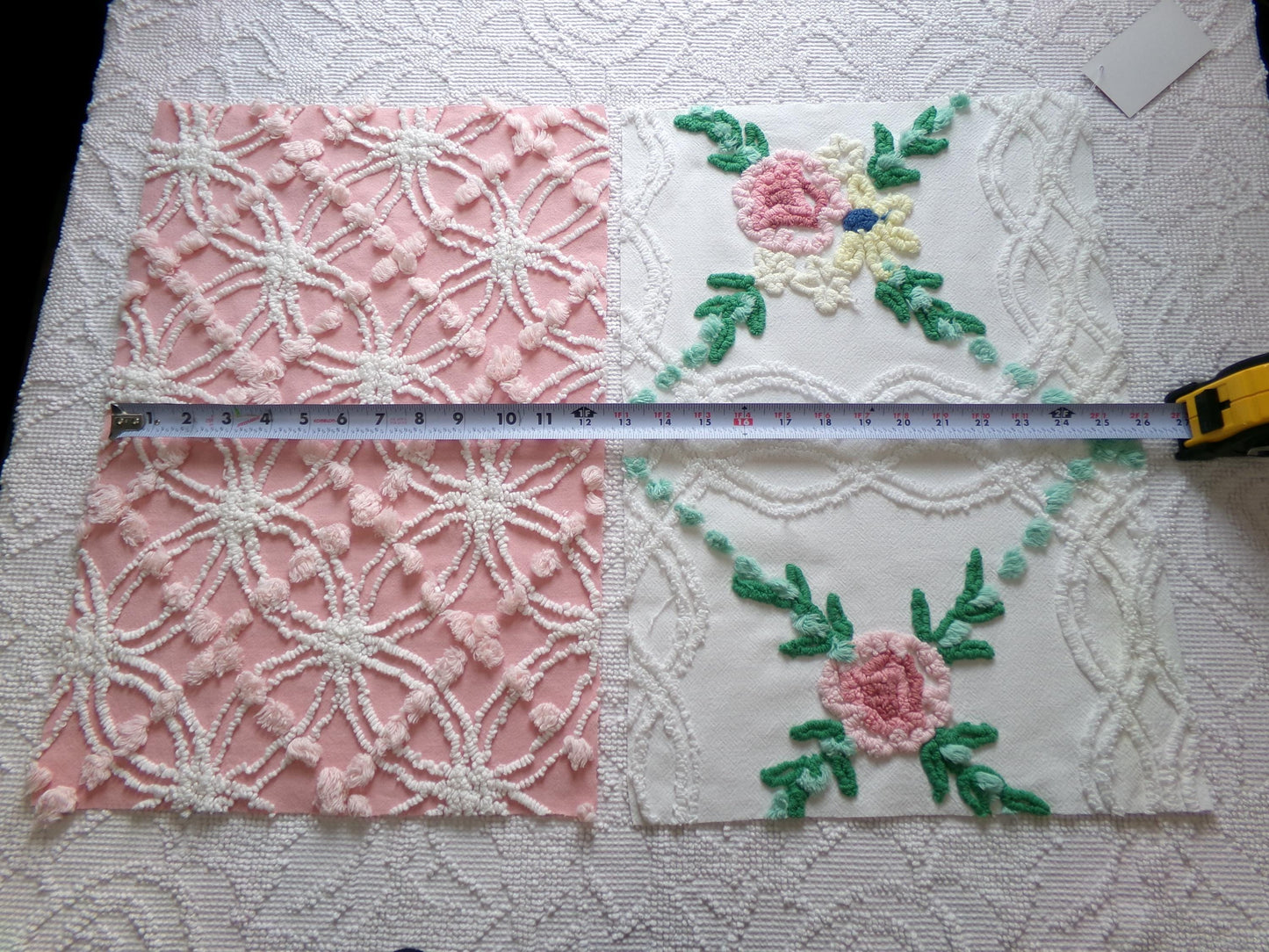Cottage Style Vintage Chenille Fabric Bundle for Sewing, Quilting in Pink Floral, White & Green | 2 Pieces 12" x 18" each