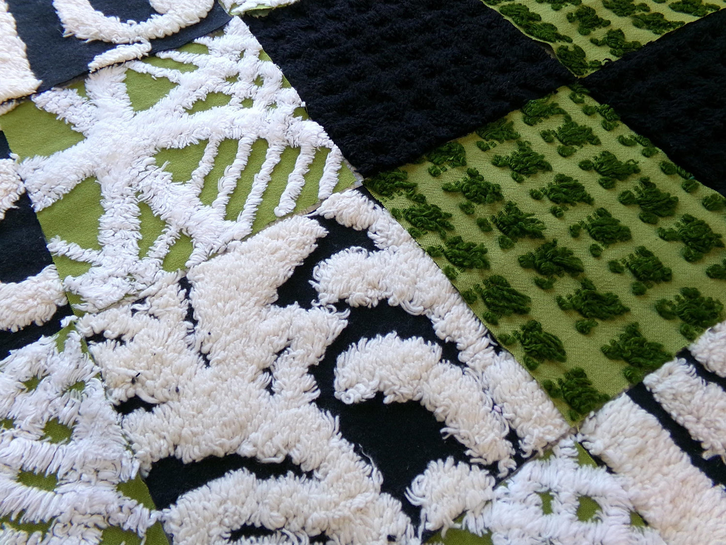 goblin green & black vintage chenille fabric squares, set of 16 boho 6" quilt blocks for crafts, sewing, diy pillow covers