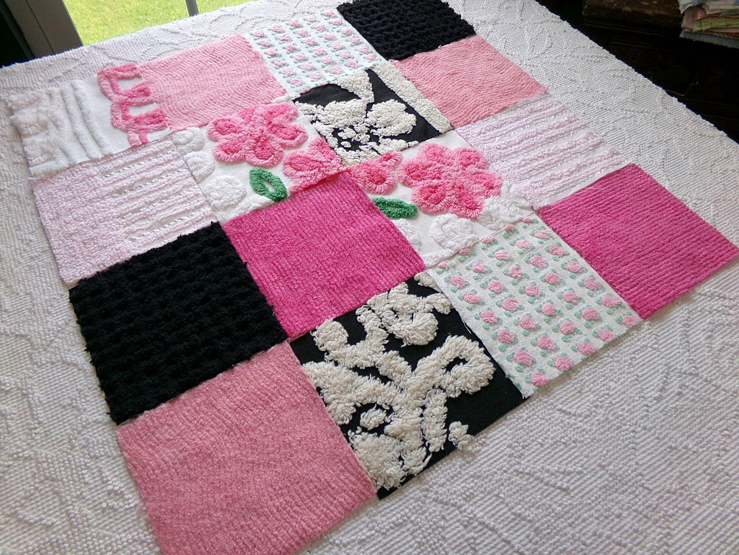 french cafe chenille squares, set of 16 vintage pink & black 6" fabric blocks, chic designs for quilt inlays, pillows, fiber arts
