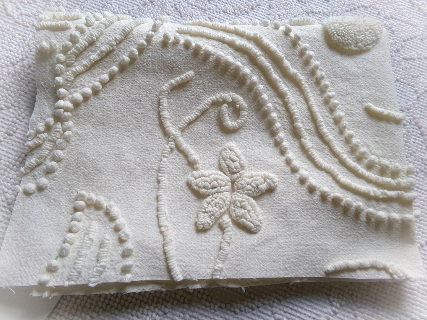 stylized ivory roses vintage chenille fabric, 100% cotton 16" x 21" cut piece w/ sprawling heavily tufted rose design for crafts, sewing
