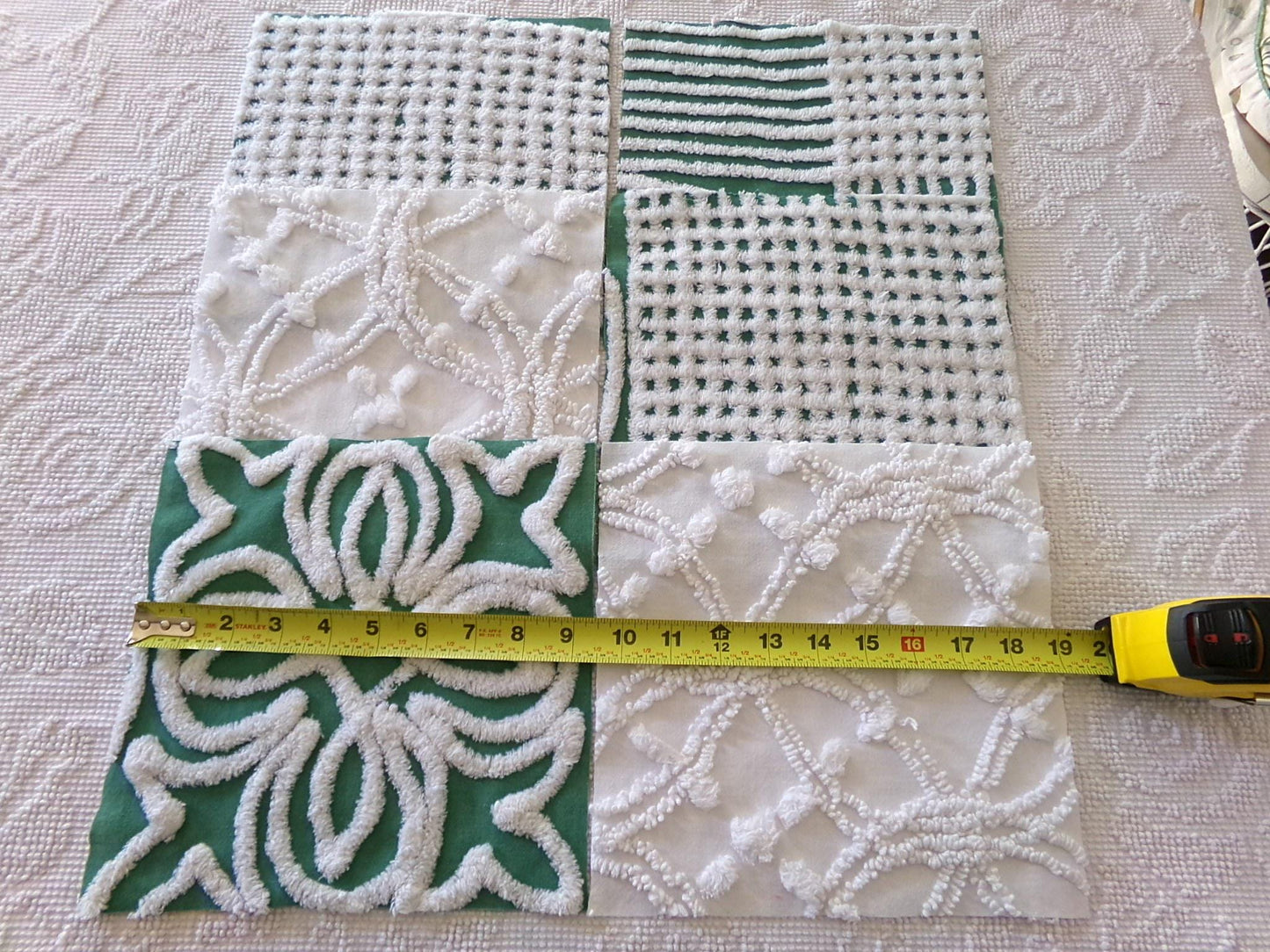 green & white chenille fabric squares, set of 6 large 9.5" square craft and quilt blocks, cut from vintage chenille bedspreads
