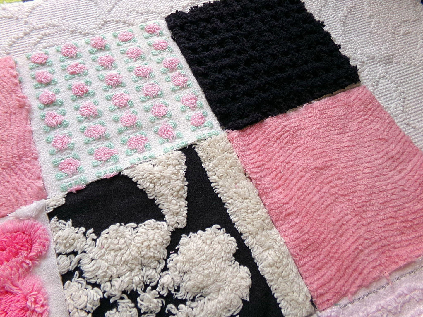 french cafe chenille squares, set of 16 vintage pink & black 6" fabric blocks, chic designs for quilt inlays, pillows, fiber arts
