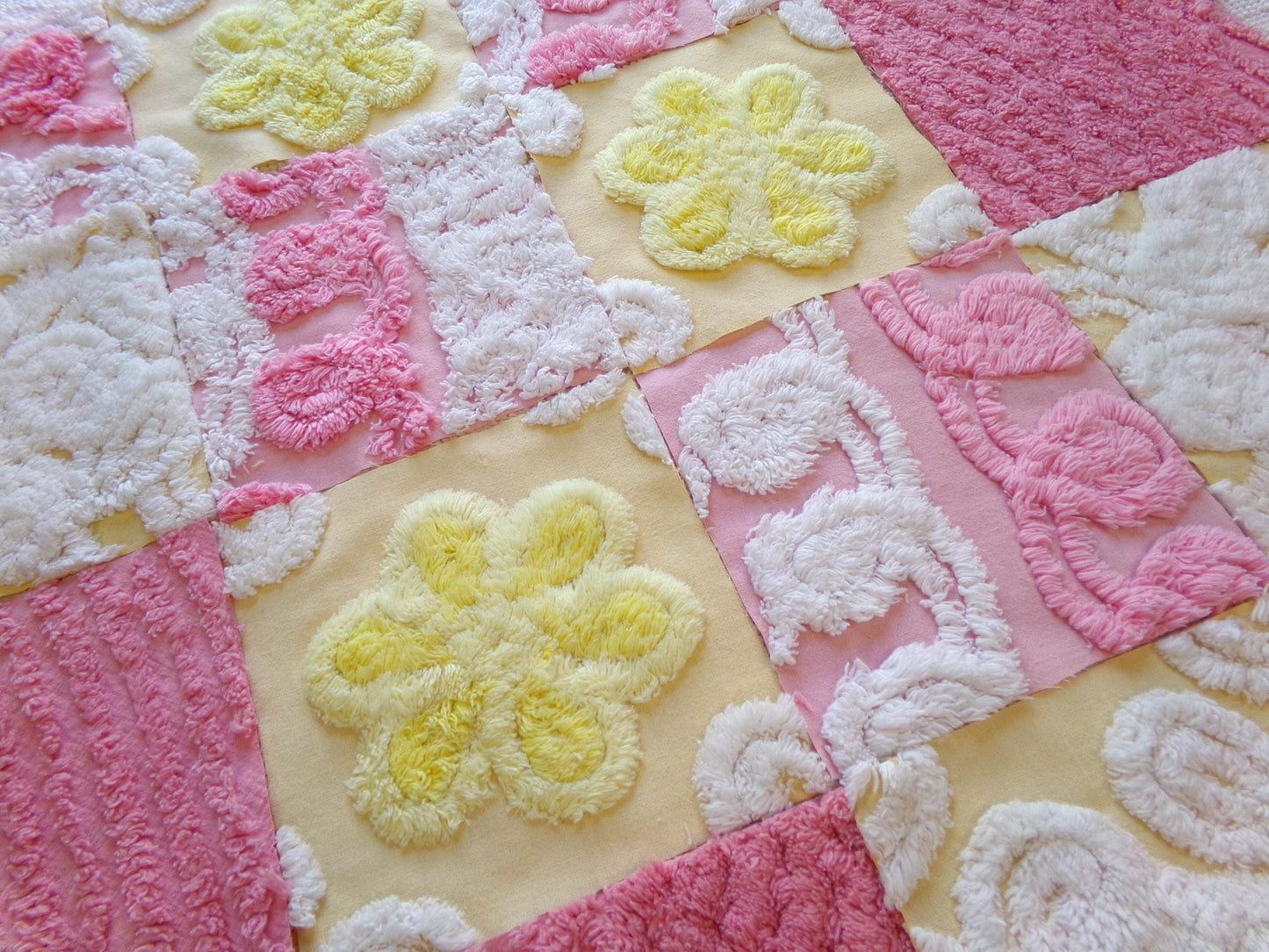 vintage 6" chenille fabric squares, set of 16 pink yellow quilt blocks, sugar & sunshine