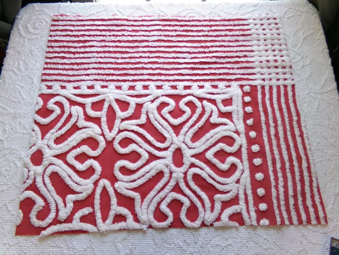 cherry red & white vintage chenille fabric, victorian scroll stripe design, 20" x 24" cut piece of craft, sewing, pillow, quilt material