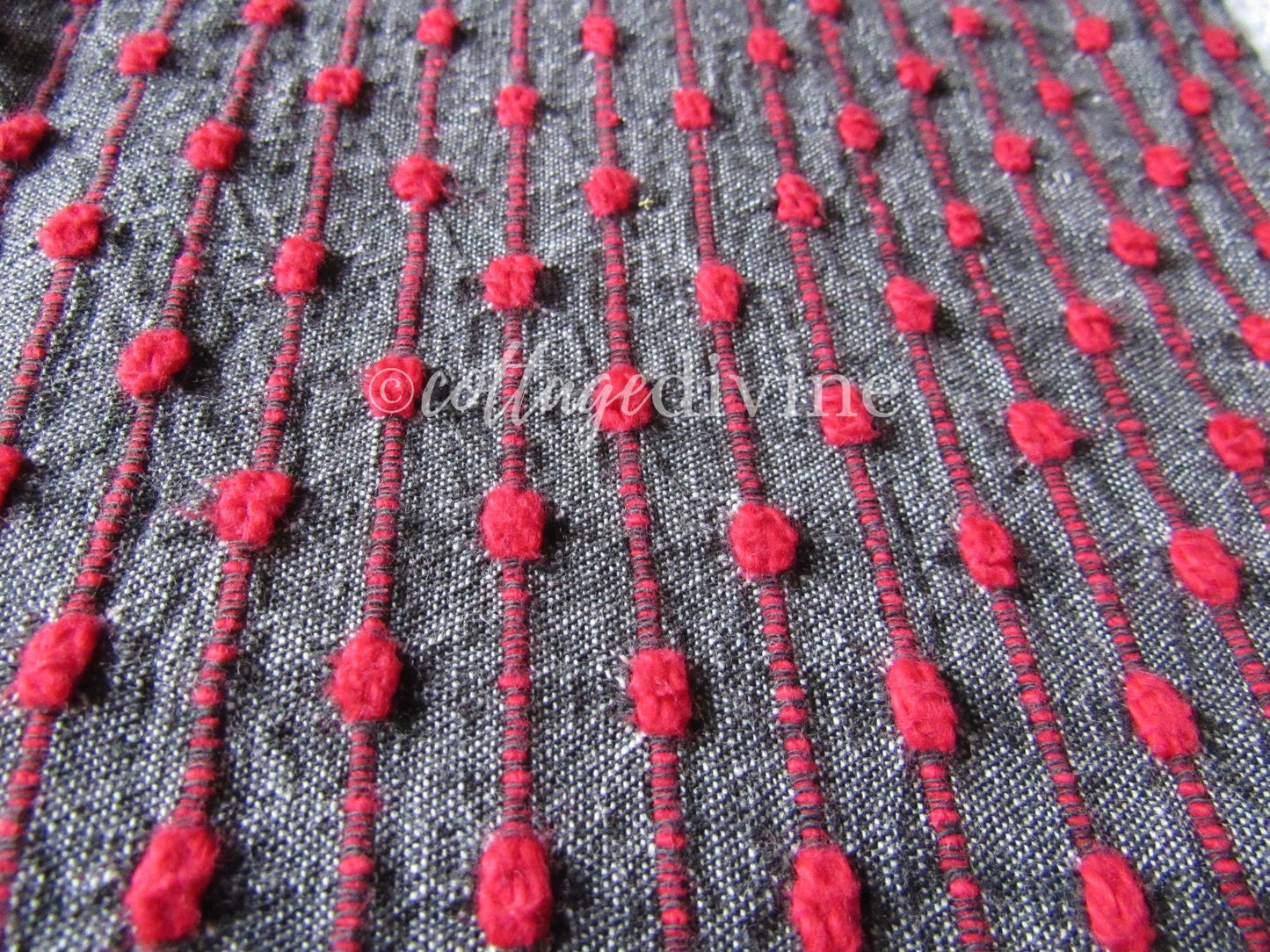 Chic Charcoal Red Pinstripe Vintage Woven & Chenille Fabric Piece, Reversible Bates Design for quilting, sewing, crafts, 17" x 35"