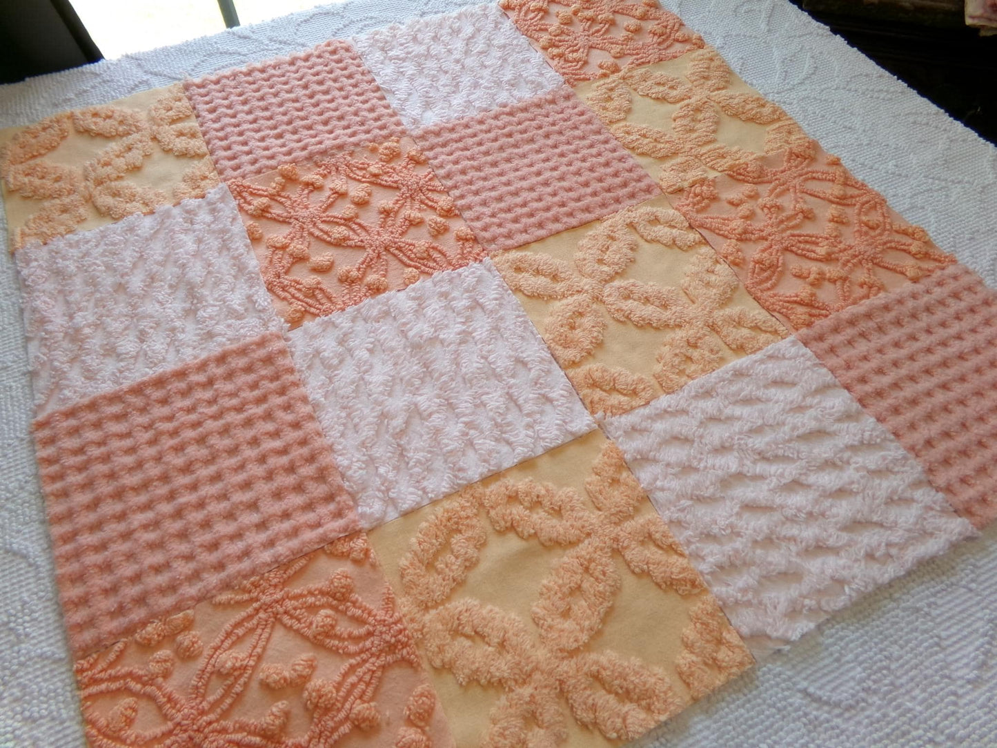 bliss peach chenille fabric squares, set of 16 vintage craft quilt blocks 6" inches, geometric designs for quilt inlays, pillows, fiber arts