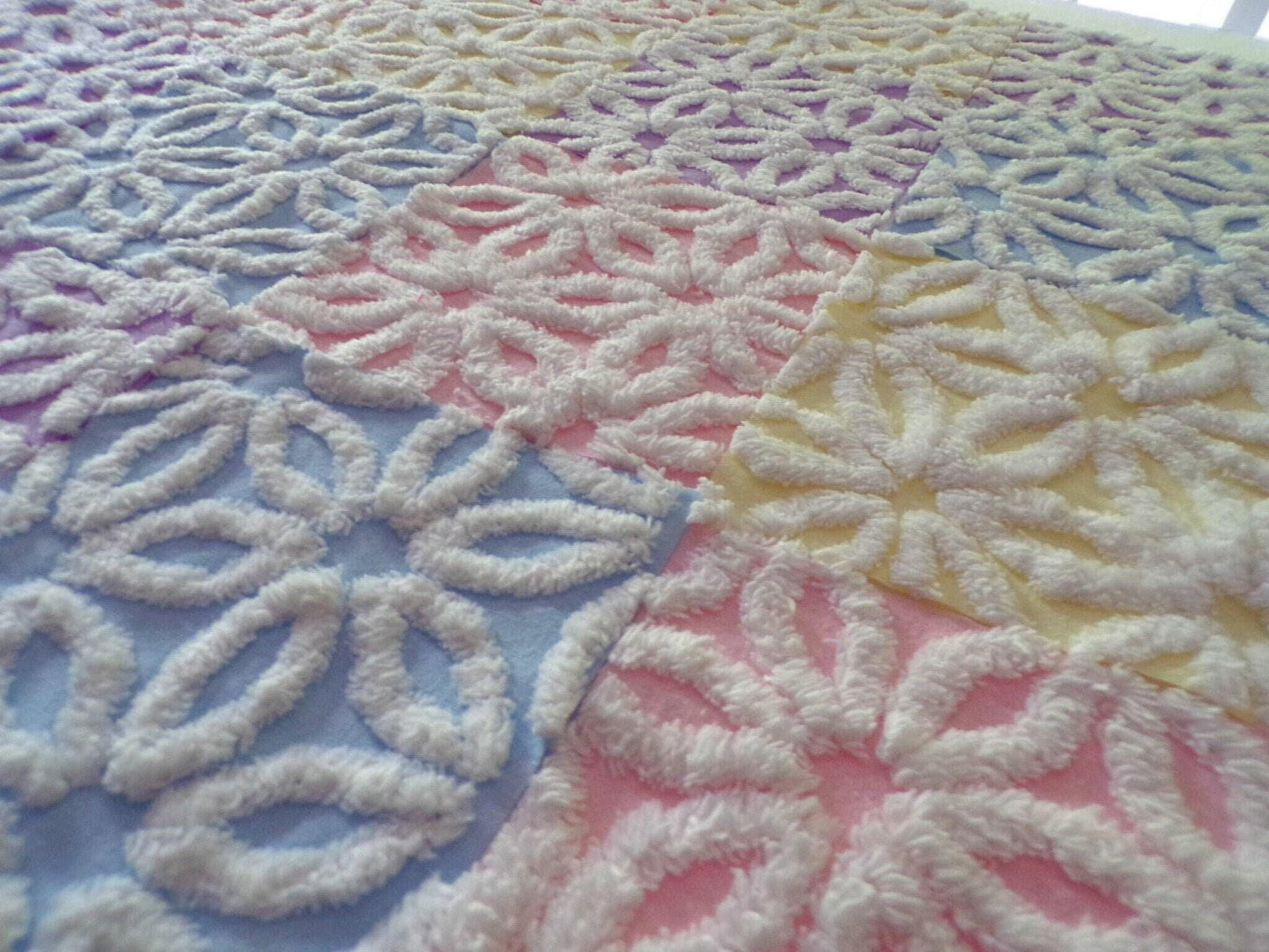 Rainbow Pastel Daisy Quilt Squares Set, Fluffy & Plush, from Vintage Chenille Bedspread Fabric, 16 Blocks, 6" x 6" inch