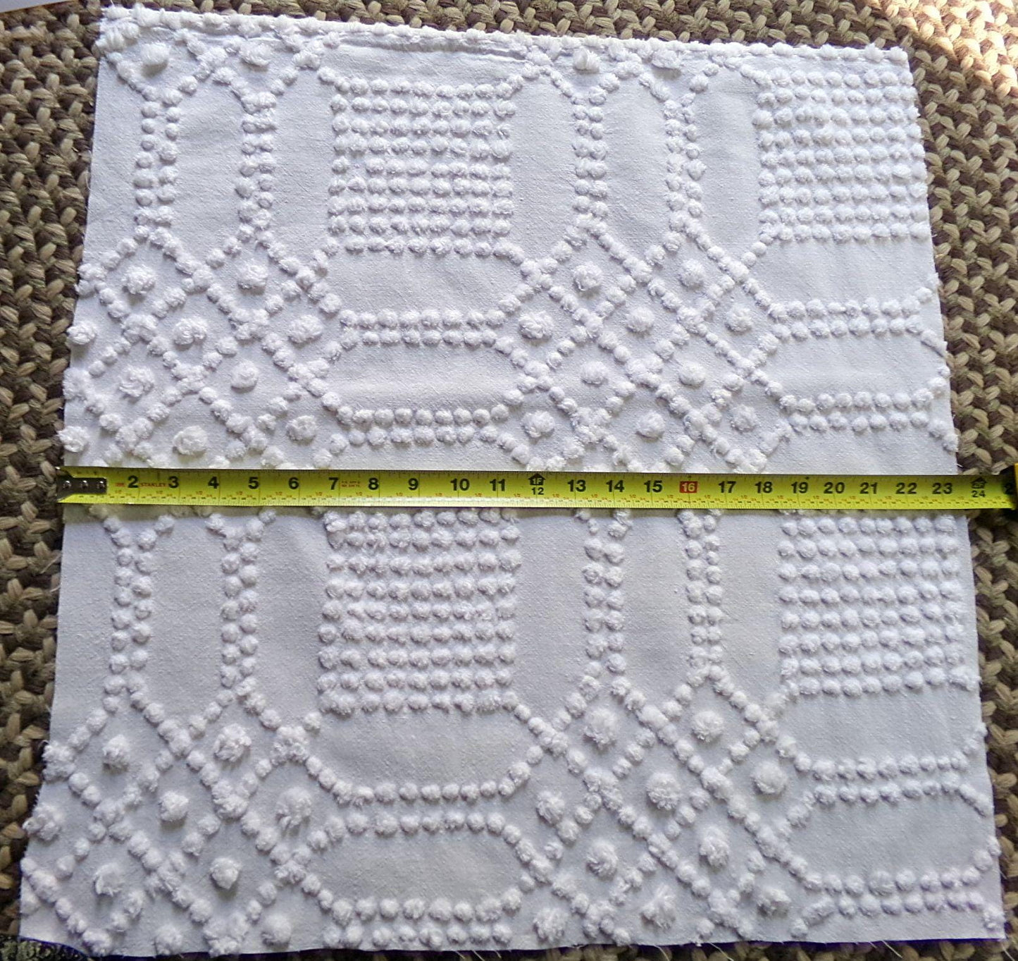 contemporary cosmic white vintage chenille fabric, intricate geometric handtufted sewing material, 22" x 23" piece great for pillows, quilts