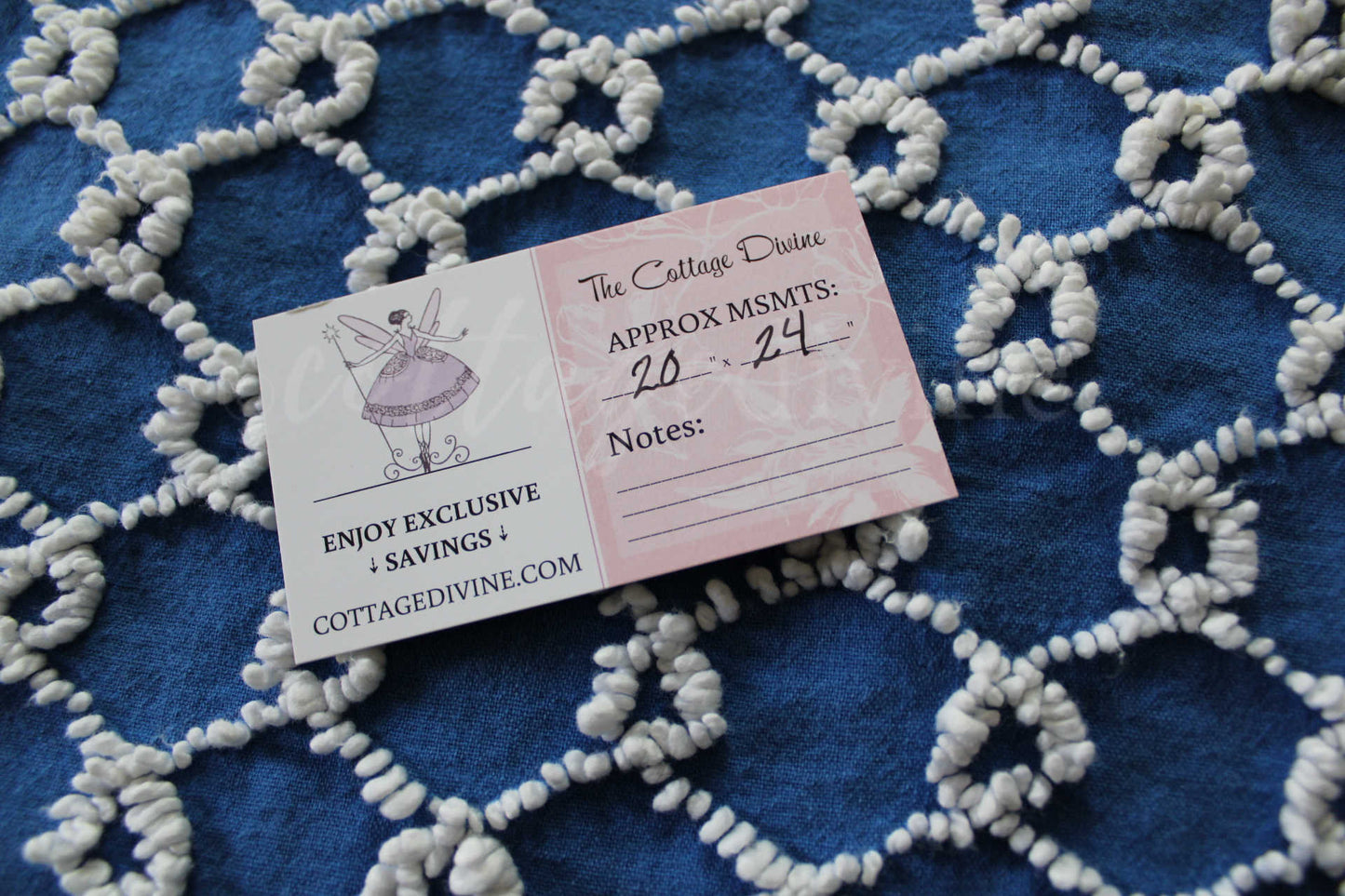 Chain Link Cobalt Blue Vintage Chenille Fabric, 20" x 24"' inch piece, White Needletufted Links on Ultra Lightweight Cotton