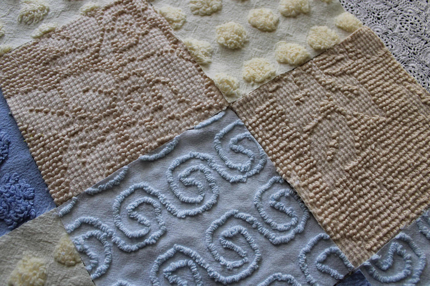 Ocean Sands Vintage Chenille Fabric Squares, Blue & Golden Sand Craft Square Set, 16 Blocks, 6" x 6" inch, Modern Chic