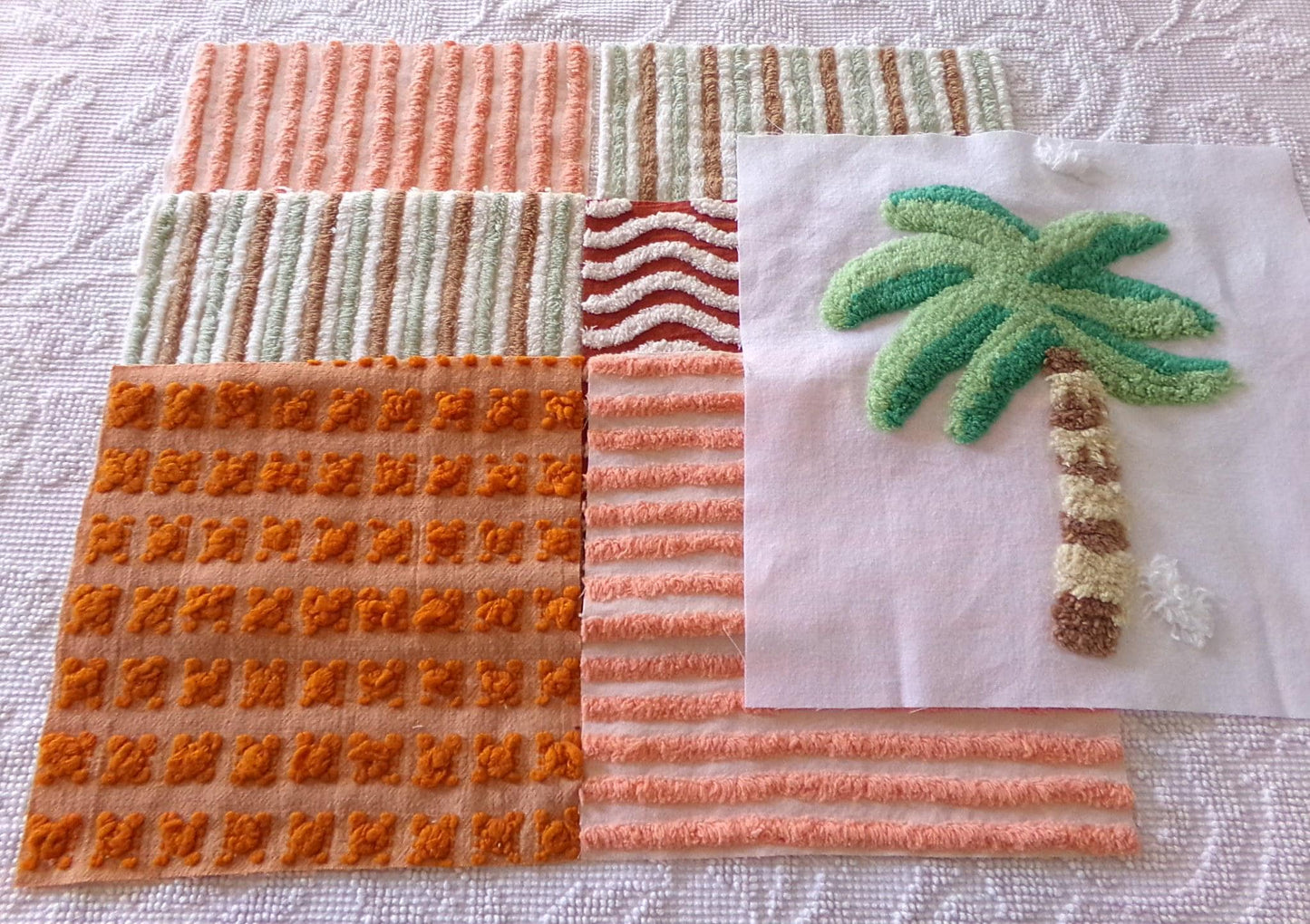 chenille fabric squares, set of 6 large 9.5" square quilt blocks and 1 palm tree 12.5" square, tropical fun & great texture