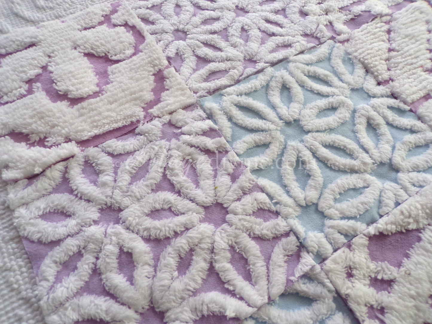 Peaceful Dreams Chenille Fabric Squares Set in Lilac, Blue & White, 16 Vintage Rotary Cut Quilt Blocks, 6" x 6" inch