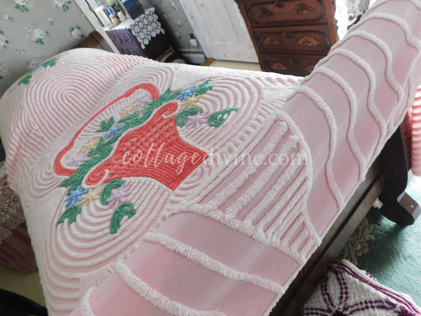 shabby girl pink vintage chenille bedspread, large flower basket & white swirls, full size summery cotton bedding