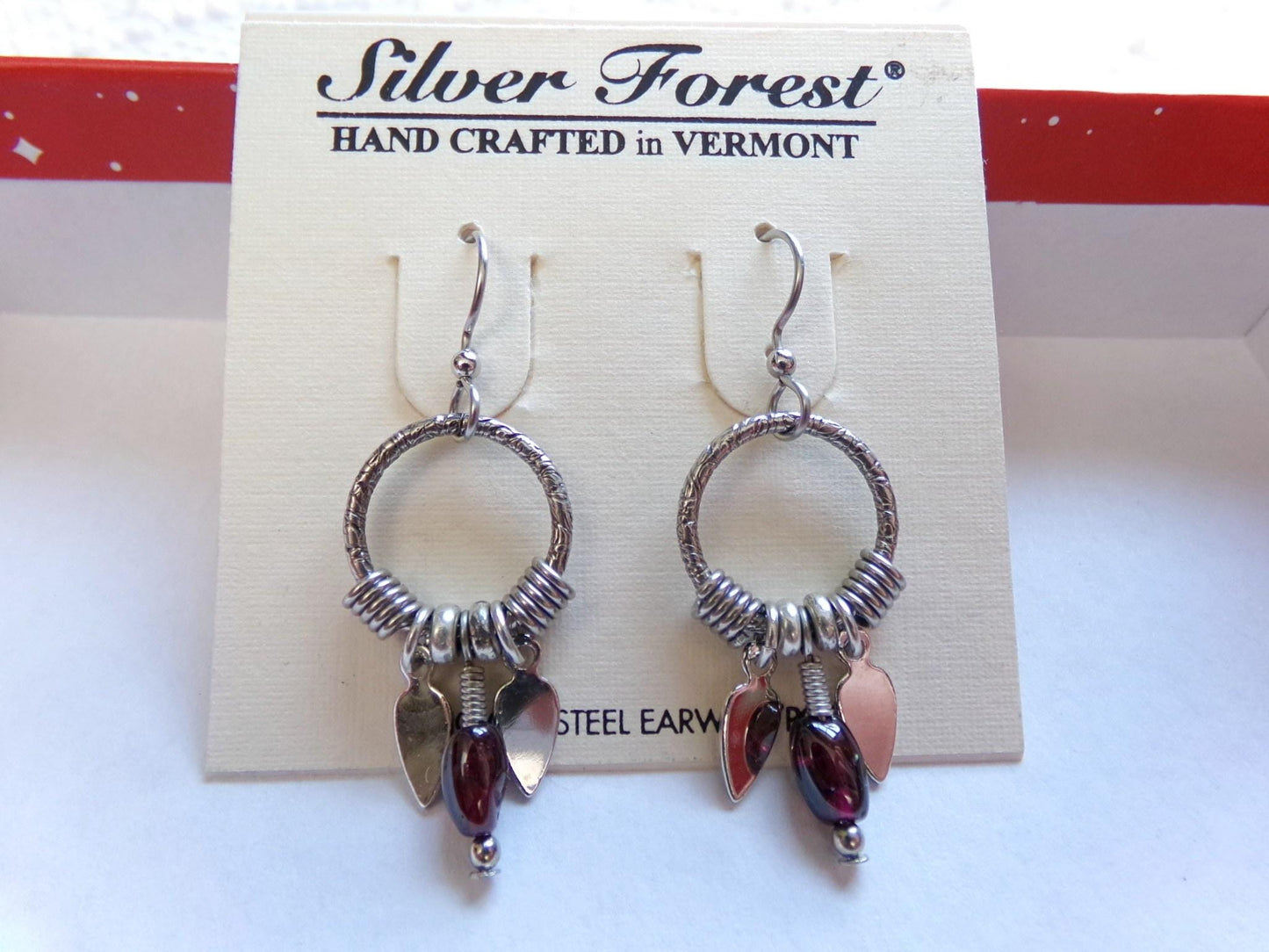 Vintage Lot Boho Earrings, 2 Pair Silver Forest Silvertone Pierced Dangle Earring, maple leaf & beads, small hoops w/ dangling feathers