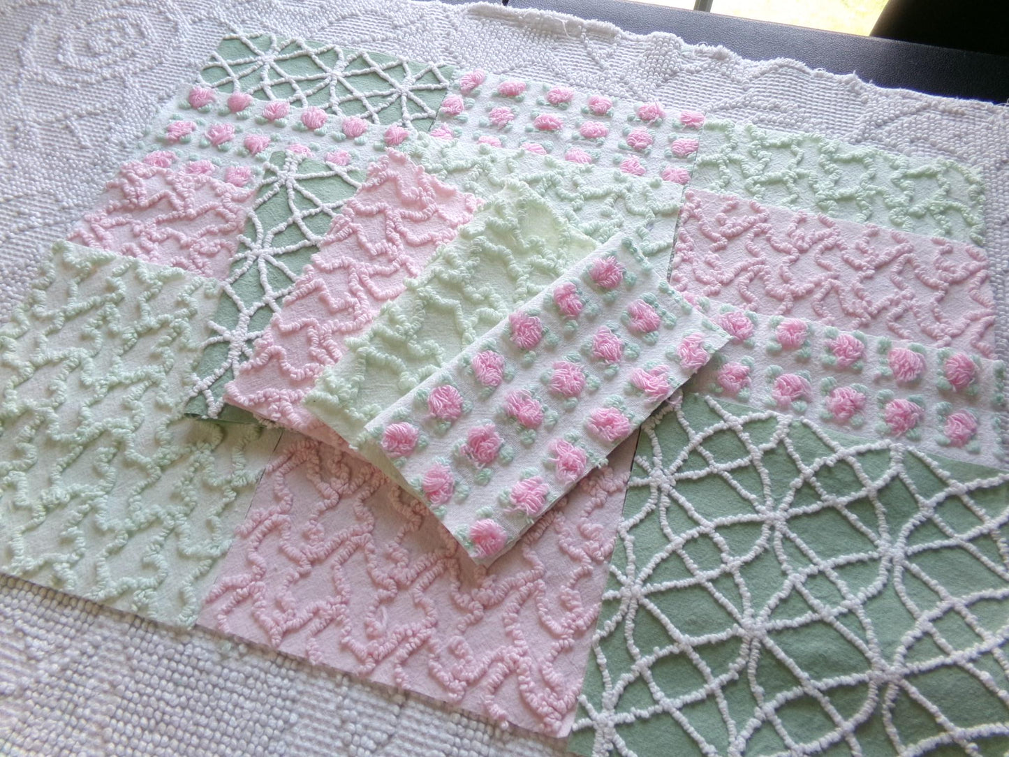 fairy garden chenille fabric squares, set of 16 vintage pink & green quilt blocks 6" ea, rosebud, squiggles for crafts, quilting