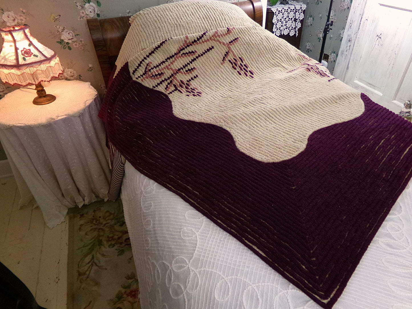 Shabby Cattails Vintage Chenille Bedspread in Art Deco Design, Honey Beige & Wine Twin Size Antique Bedding, #2