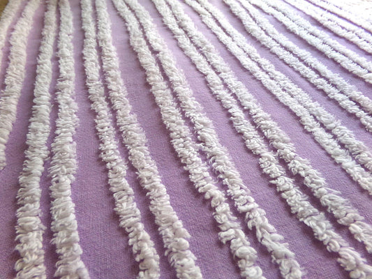 easter lilac chenille fabric, white tufted stripes on purple, 15.5" x 27" inch piece cut from vintage chenille bedspread