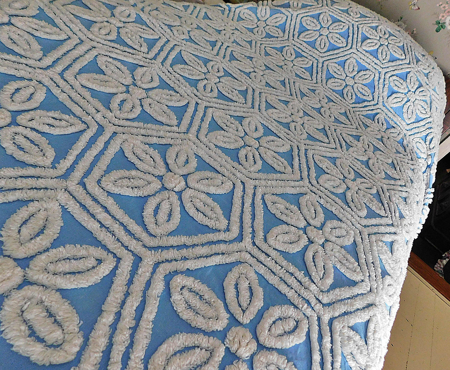 Vintage Chenille Bedspread, White Daisy Hexagon Design on Sky Blue, Full Size 1950s Geometric Design, 100% Cotton