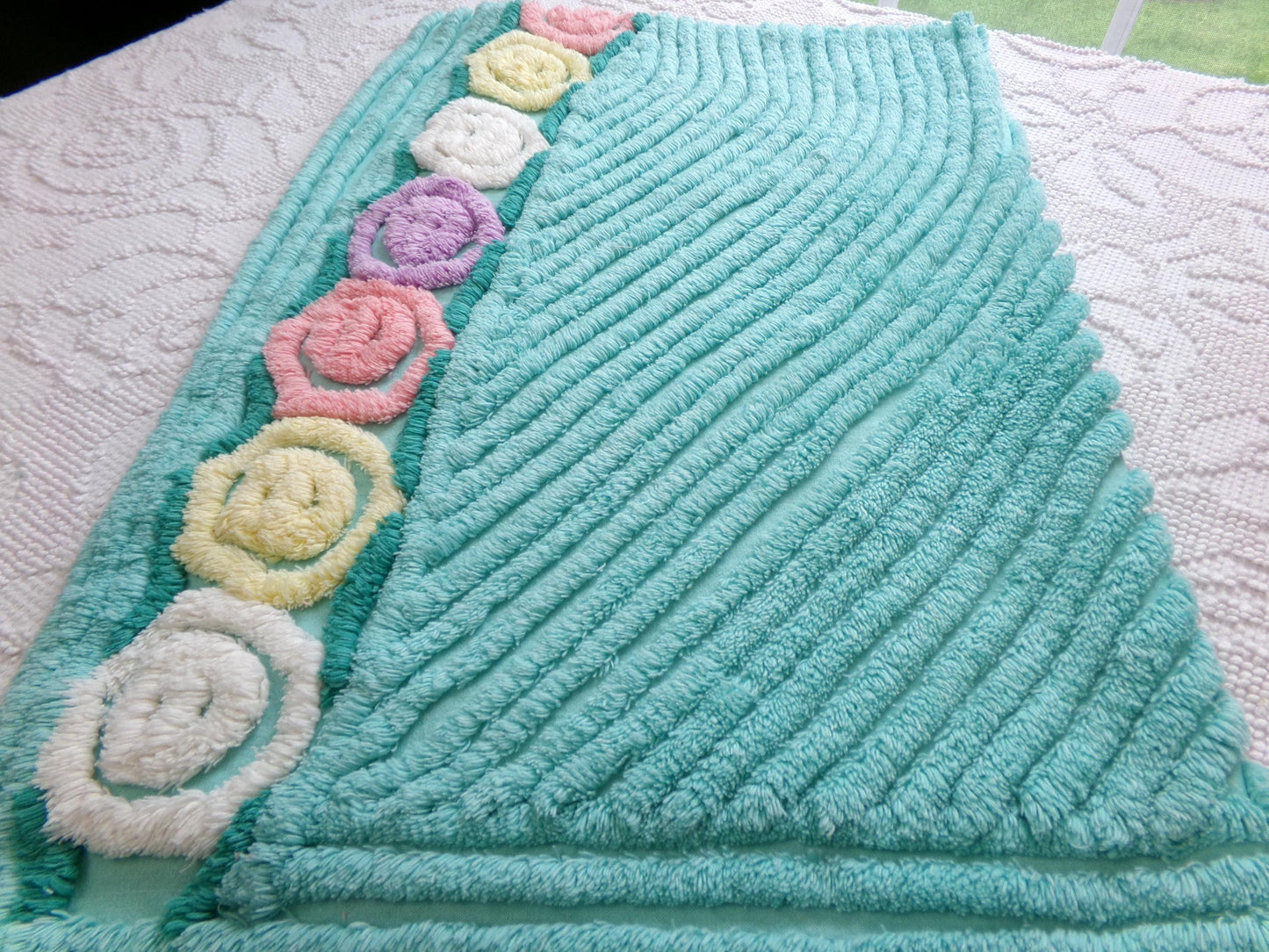 vintage plush aqua chenille fabric, rainbow lollipop roses design, 19" x 24" piece of sewing material