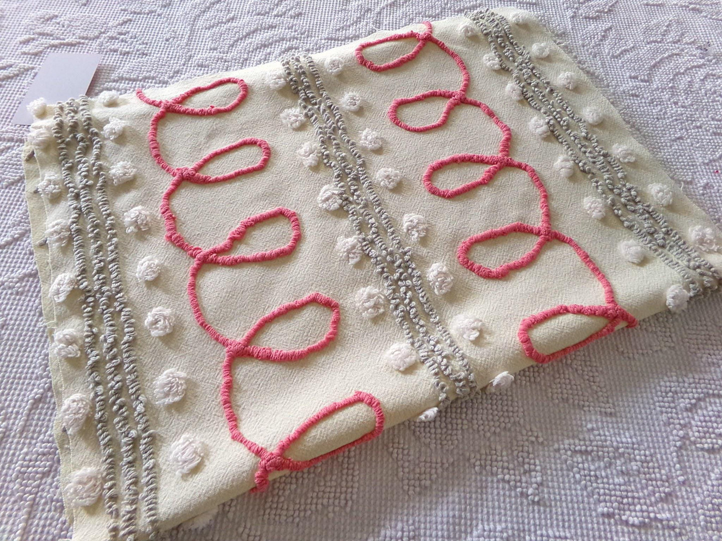 red doodles sewing fabric, retro design with grey pops on buttercream, 18" x 24" inch piece cut from a vintage chenille bedspread