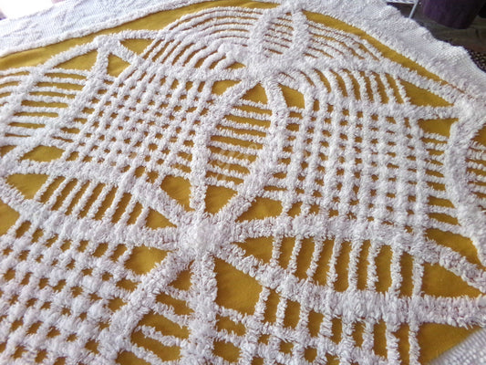 Hippie 1970s Retro Style Chenille Fabric, Vintage Harvest Gold Wedding Ring Design, 23" x 22" Inch Rounded Corner Piece, Lightweight Cotton