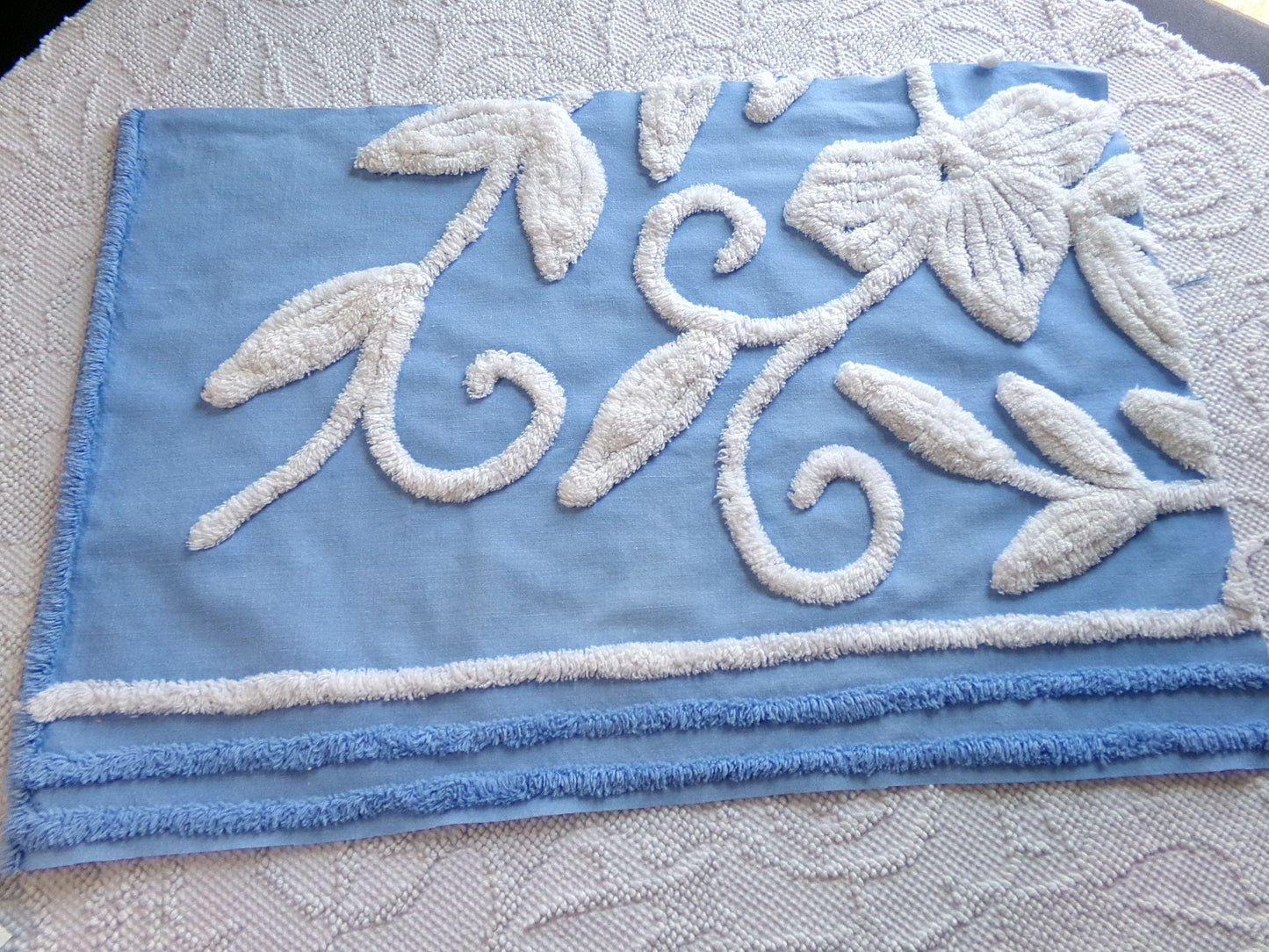 botanical white lily vintage chenille fabric, soothing blue 15" x 22" piece of sewing material for quilting and crafts