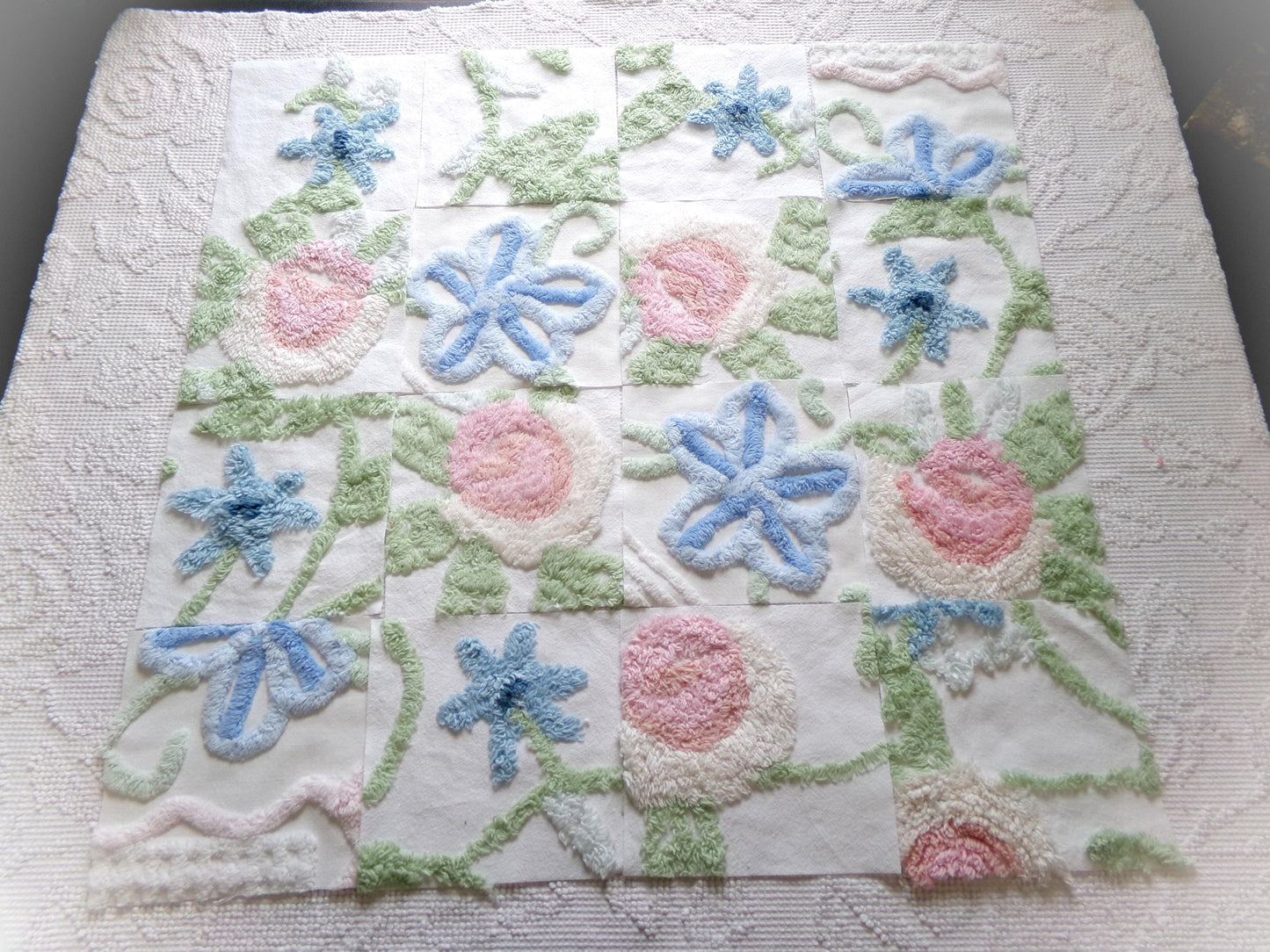 vintage chenille fabric squares, "garden club winner" set of 16 beautiful floral 6" quilt blocks for quilting, crafts, sewing