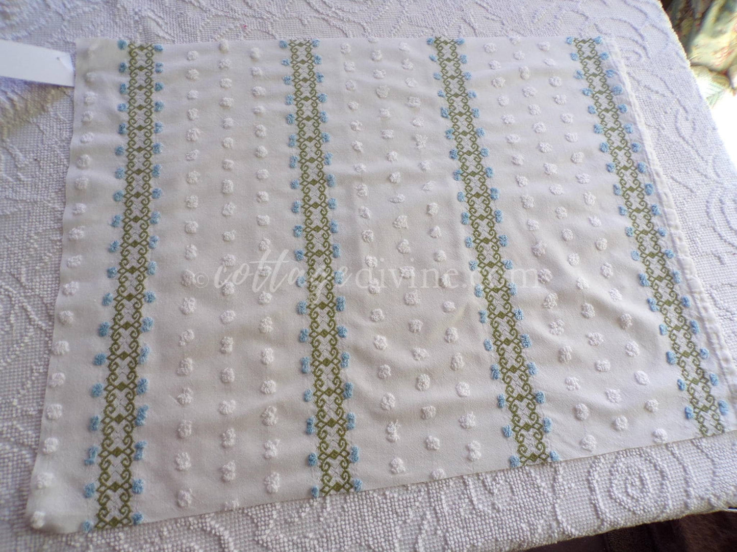 delicate vintage chenille fabric in abstract blue ivy rosebuds & white pops, 26" x 21" inch piece of quilt sewing material