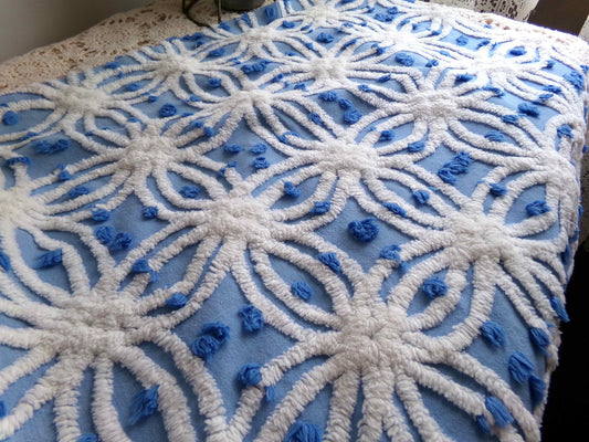 deep coastal blue vintage chenille fabric with tufted white spider rings & little pops, 23" x 20" inch piece