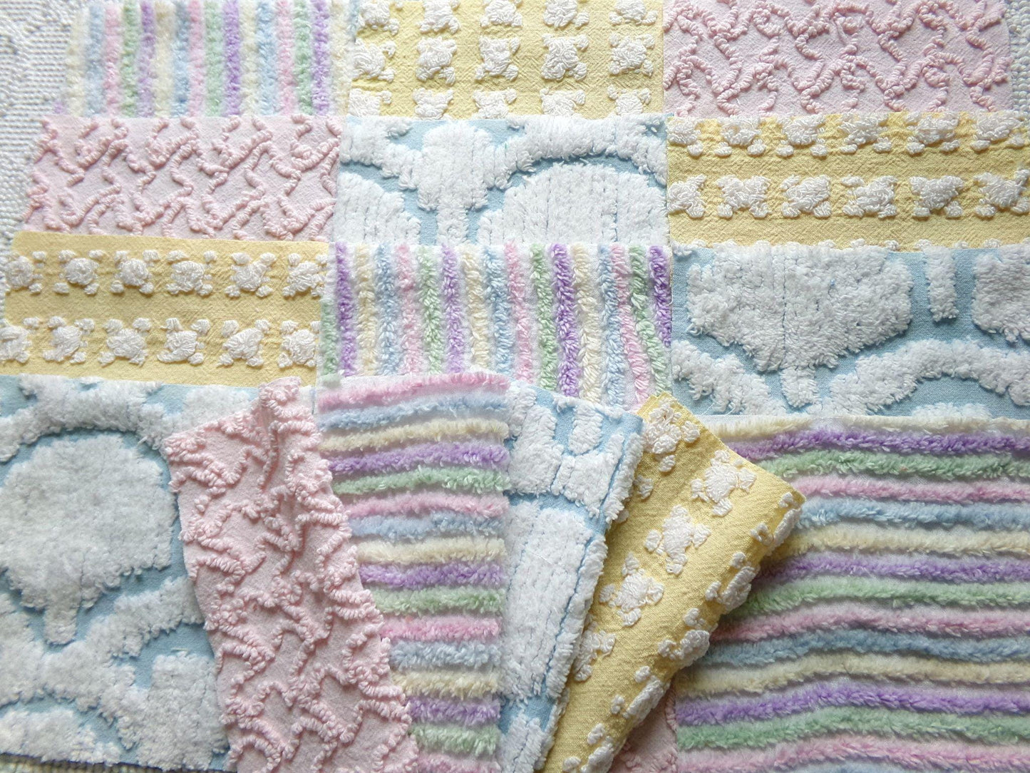 fairyland chenille fabric squares, 16 vintage 6" quilt blocks in pastel rainbow, pink & yellow rosebud, for sewing, crafts, fiber arts