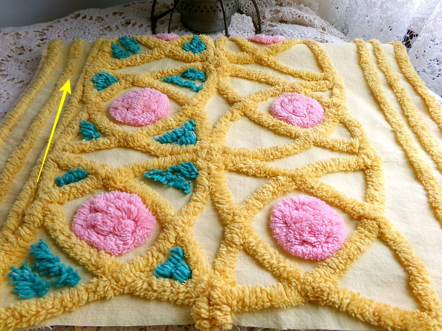 fairytale rose vintage chenille material, lovely quilt fabric, or for pillows, wall hangings, 15" x 23" piece, golden yellow & pink roses